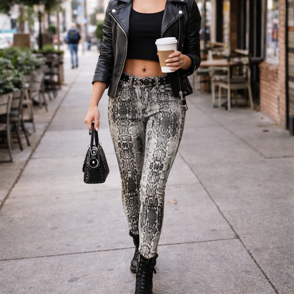 Snakeskin Print Skinny Jeans Black White Stretch Denim Size 1